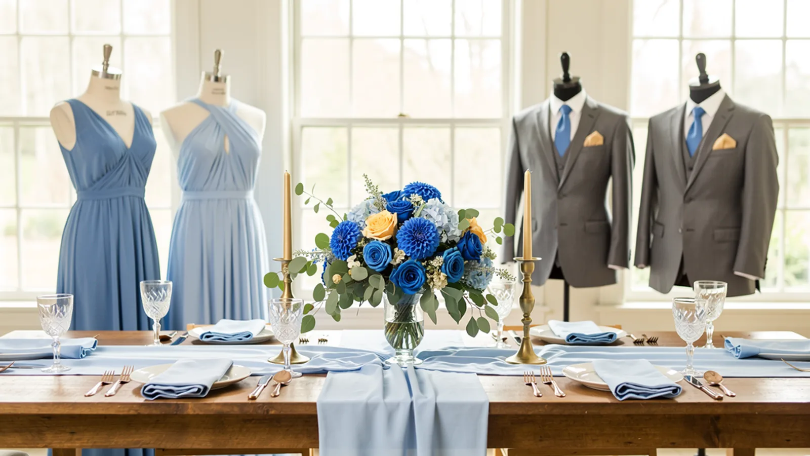 Cornflower & Cream wedding color palette shown on bridesmaid dresses, groomsmen suits, florals, and a styled table