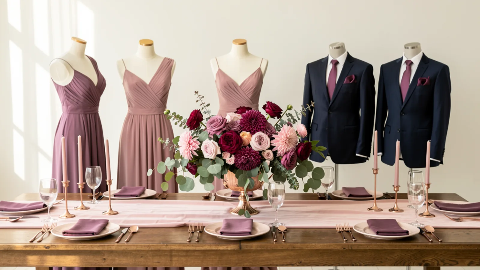 Mauve & Rose Gold wedding color palette shown on bridesmaid dresses, groomsmen suits, florals, and a styled table
