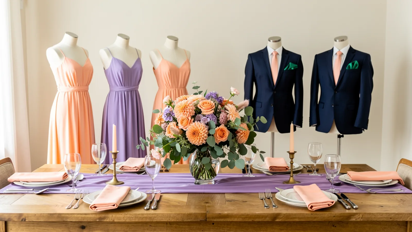 Peach & Lilac Bloom wedding color palette shown on bridesmaid dresses, groomsmen suits, florals, and a styled table