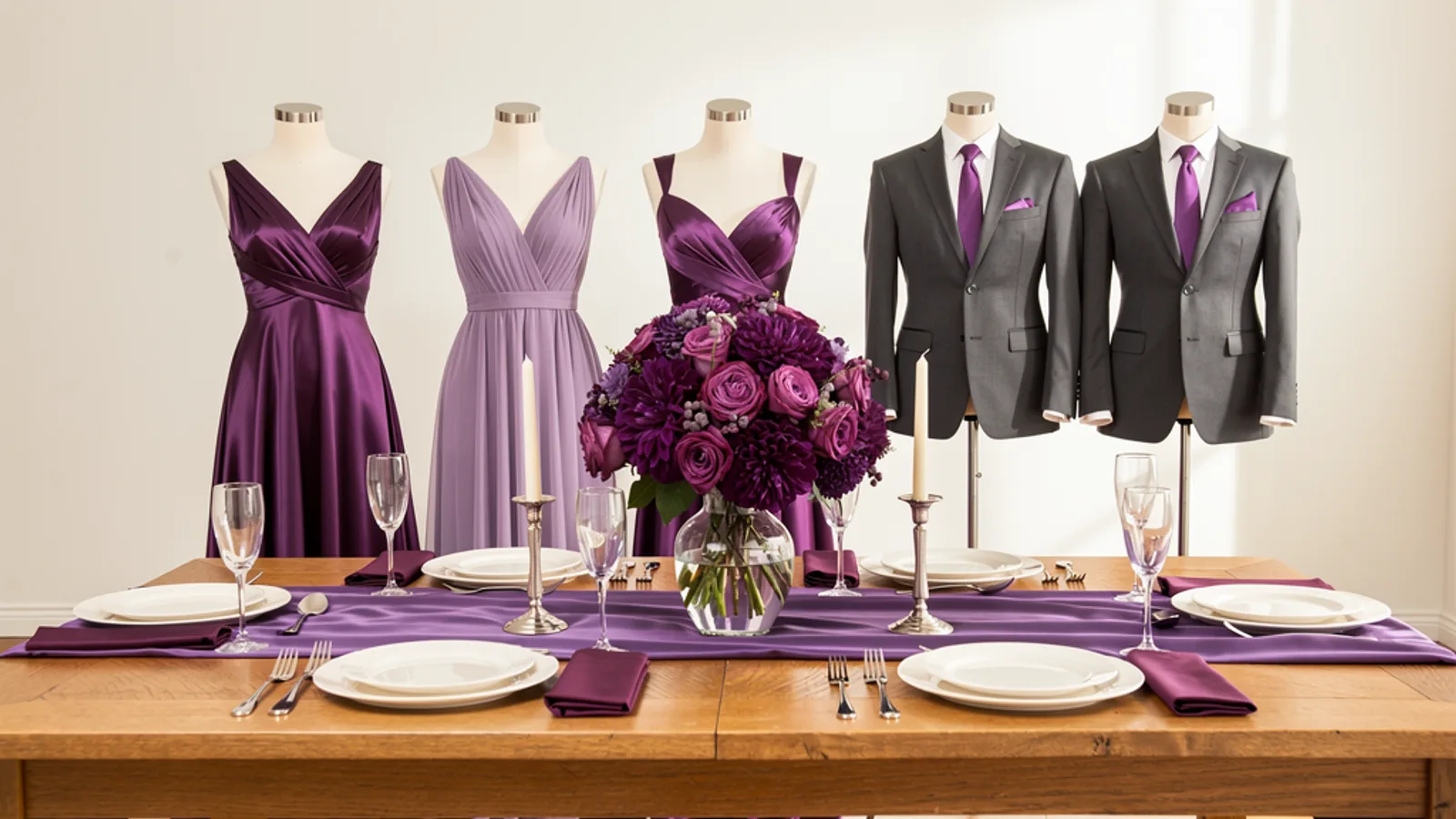Amethyst & Silver wedding color palette shown on bridesmaid dresses, groomsmen suits, florals, and a styled table