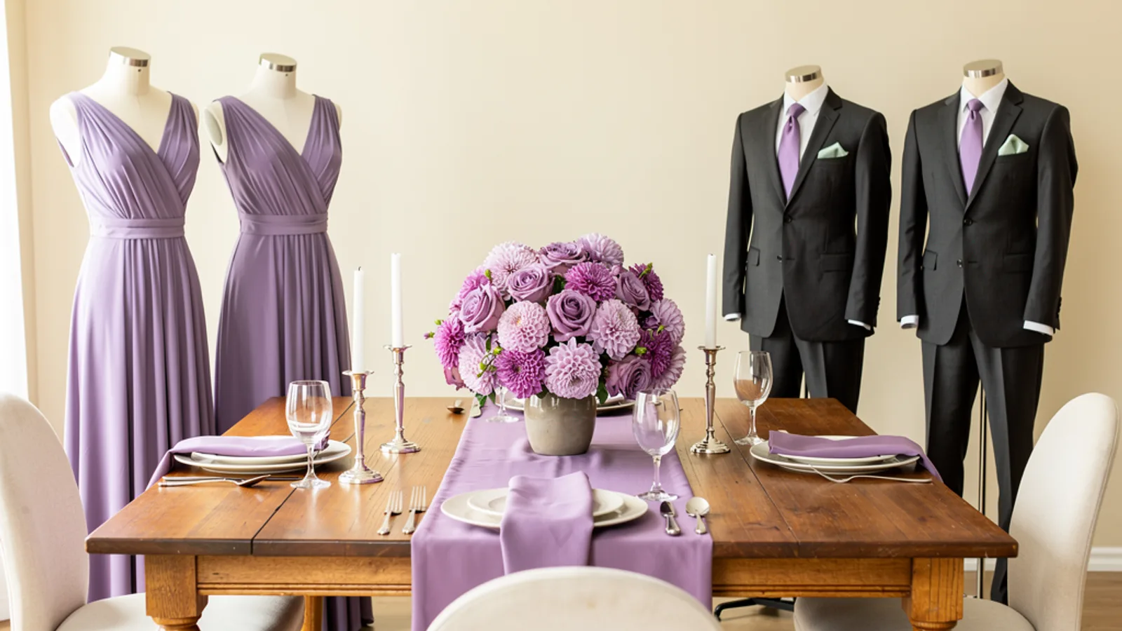 Lavender Fields wedding color palette shown on bridesmaid dresses, groomsmen suits, florals, and a styled table