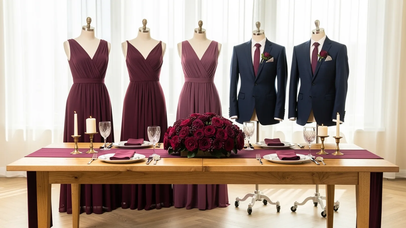 Plum Twilight wedding color palette shown on bridesmaid dresses, groomsmen suits, florals, and a styled table