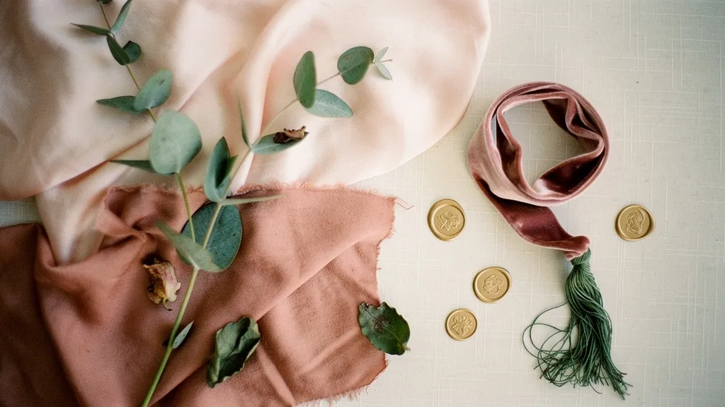 A collection of dusty rose velvet ribbon, gold wax seals, and green silk threads on an ivory background, arranged neatly.