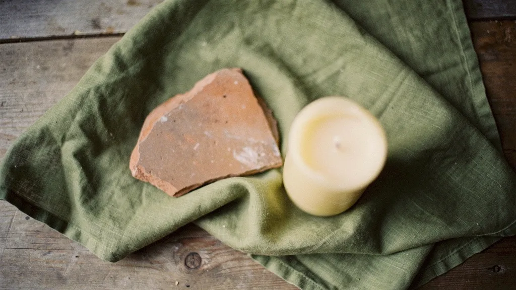 A collection of wedding materials with a moss green linen, terracotta pottery, and ivory candle on wood, showcasing rustic textures.