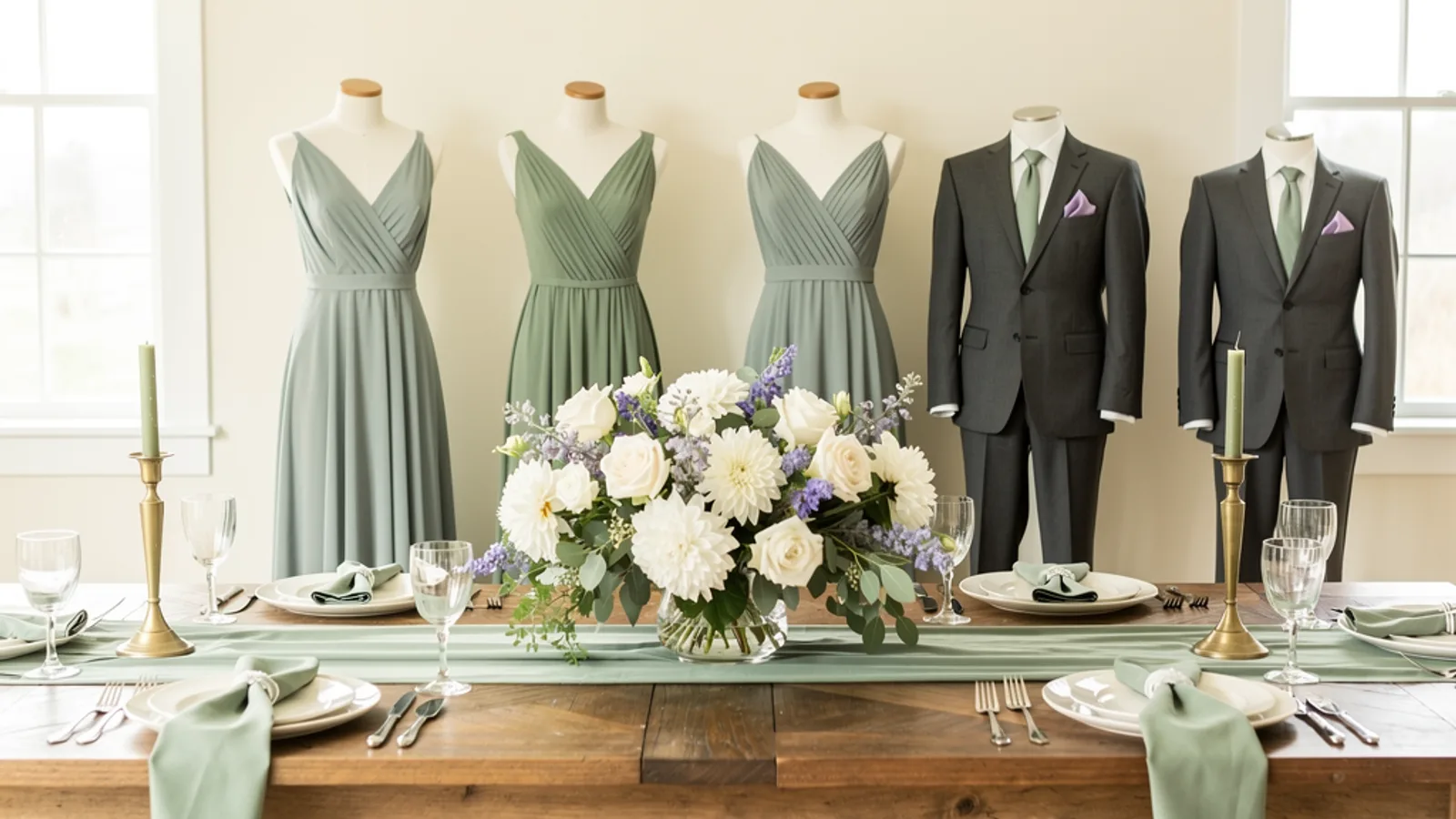 Eucalyptus & Lavender Sprig wedding color palette shown on bridesmaid dresses, groomsmen suits, florals, and a styled table