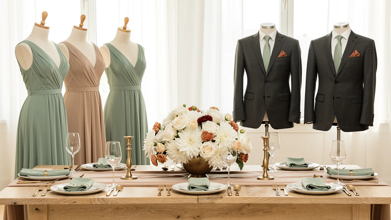 Sage & Sand wedding color palette shown on bridesmaid dresses, groomsmen suits, florals, and a styled table