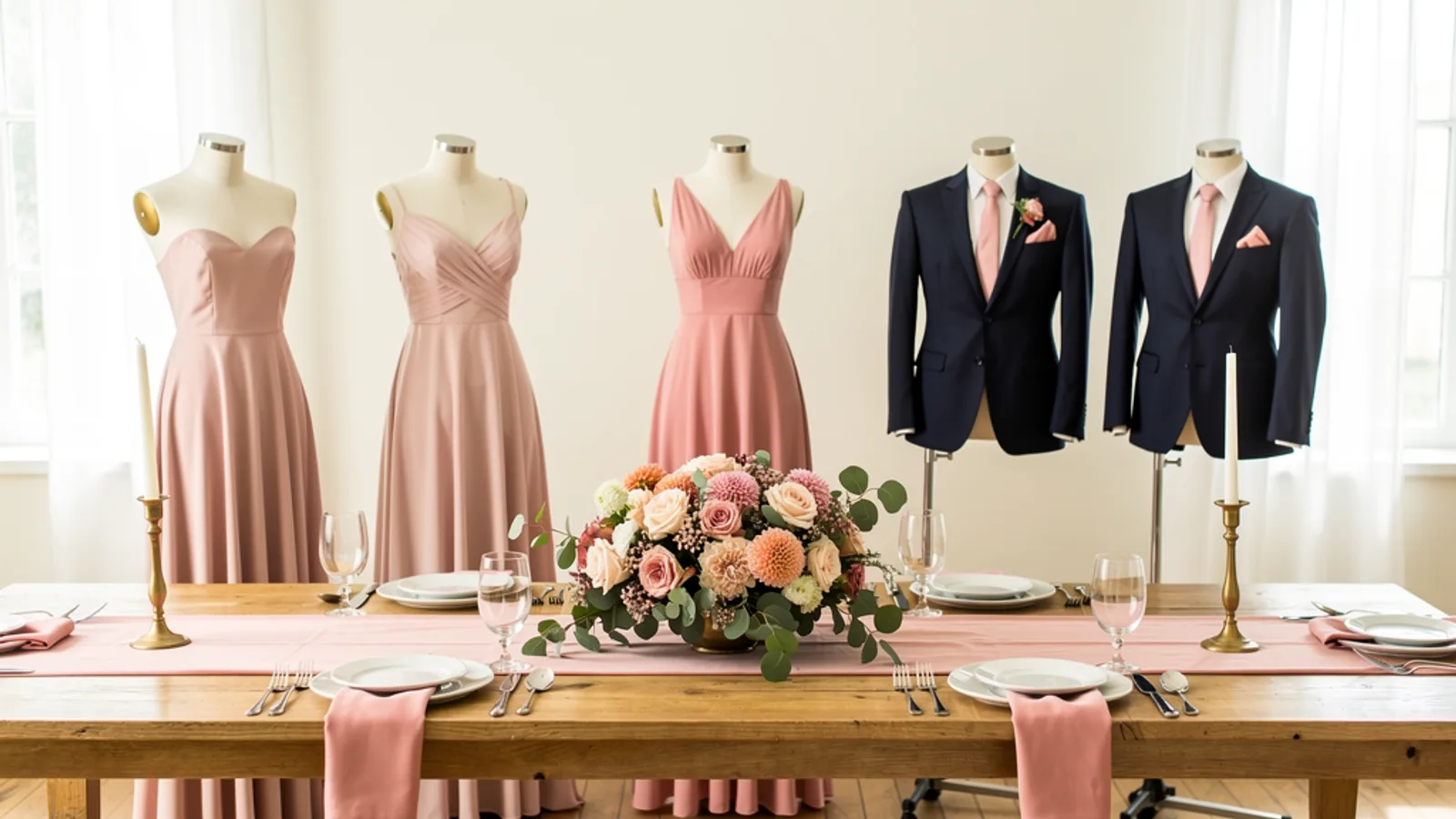 Blush & Champagne Gold wedding color palette shown on bridesmaid dresses, groomsmen suits, florals, and a styled table
