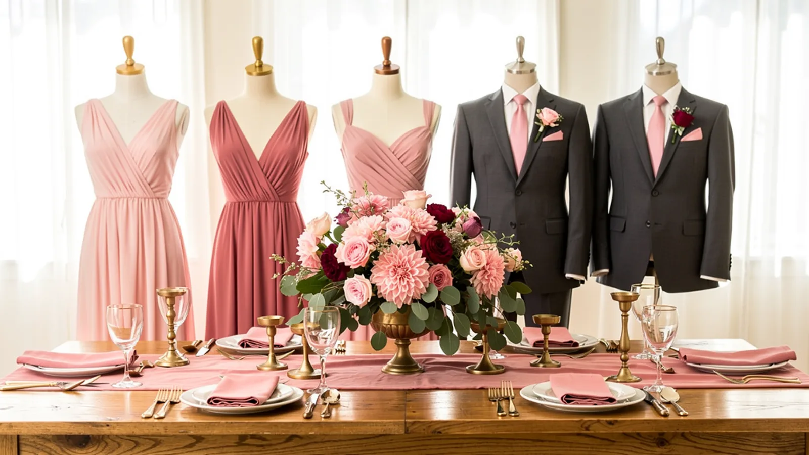 Fairytale Pink & Gold wedding color palette shown on bridesmaid dresses, groomsmen suits, florals, and a styled table