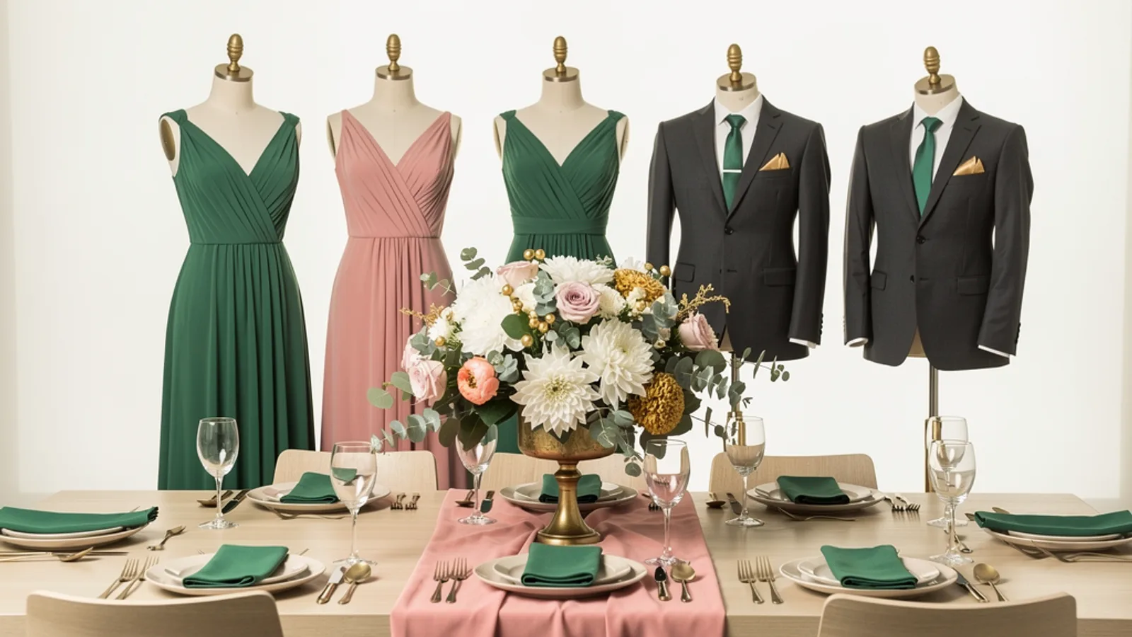 Garden Party wedding color palette shown on bridesmaid dresses, groomsmen suits, florals, and a styled table
