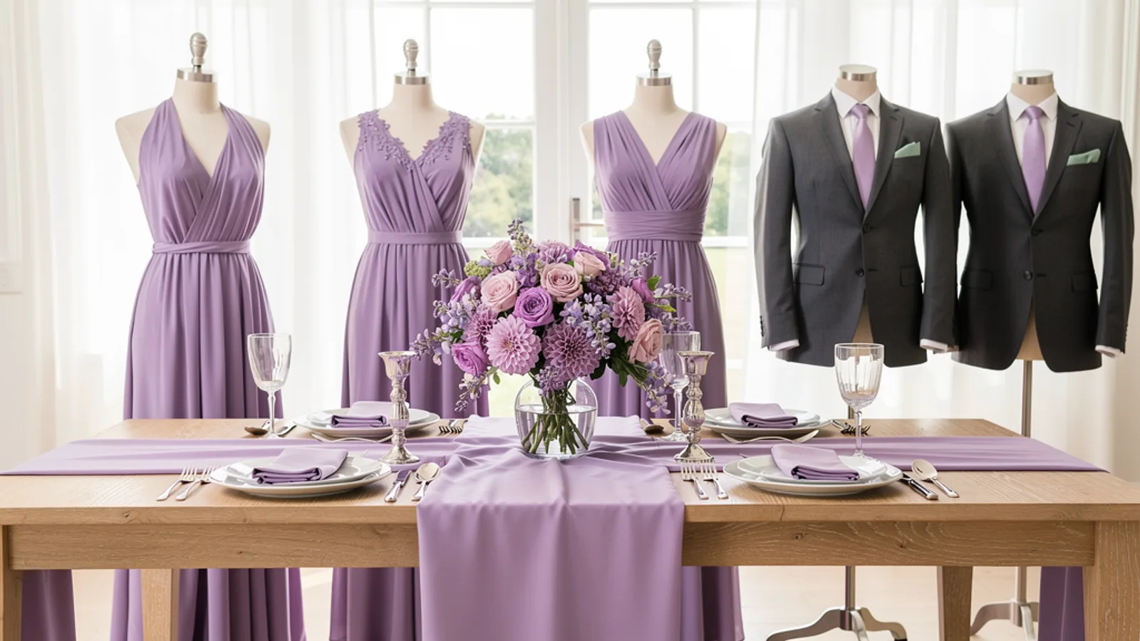 Lavender Fields wedding color palette shown on bridesmaid dresses, groomsmen suits, florals, and a styled table