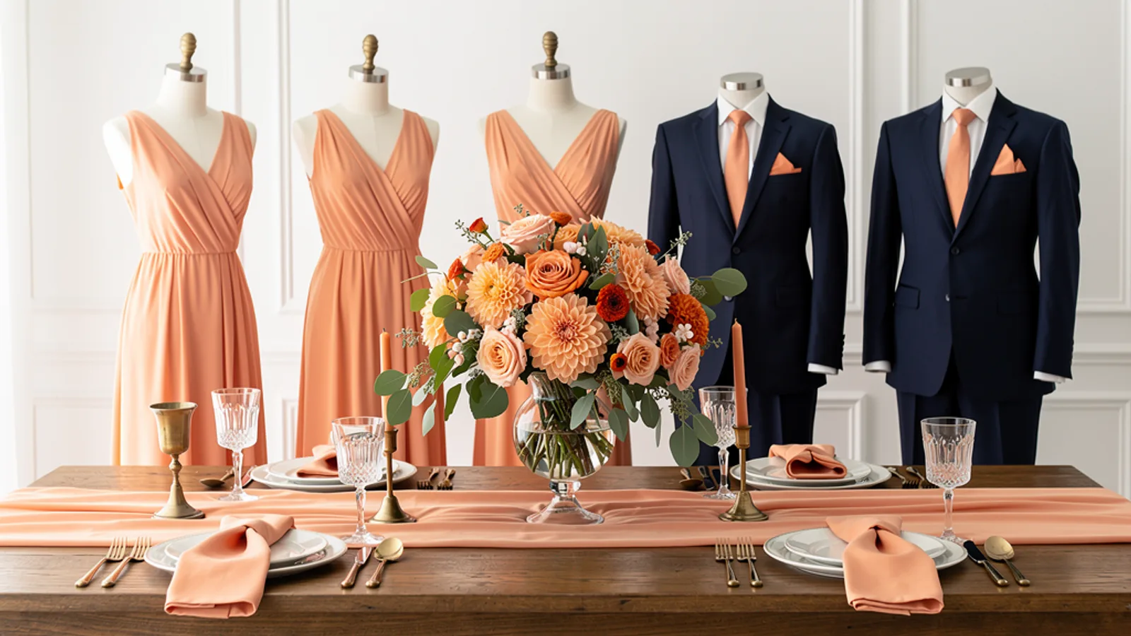 Peach & Cream wedding color palette shown on bridesmaid dresses, groomsmen suits, florals, and a styled table