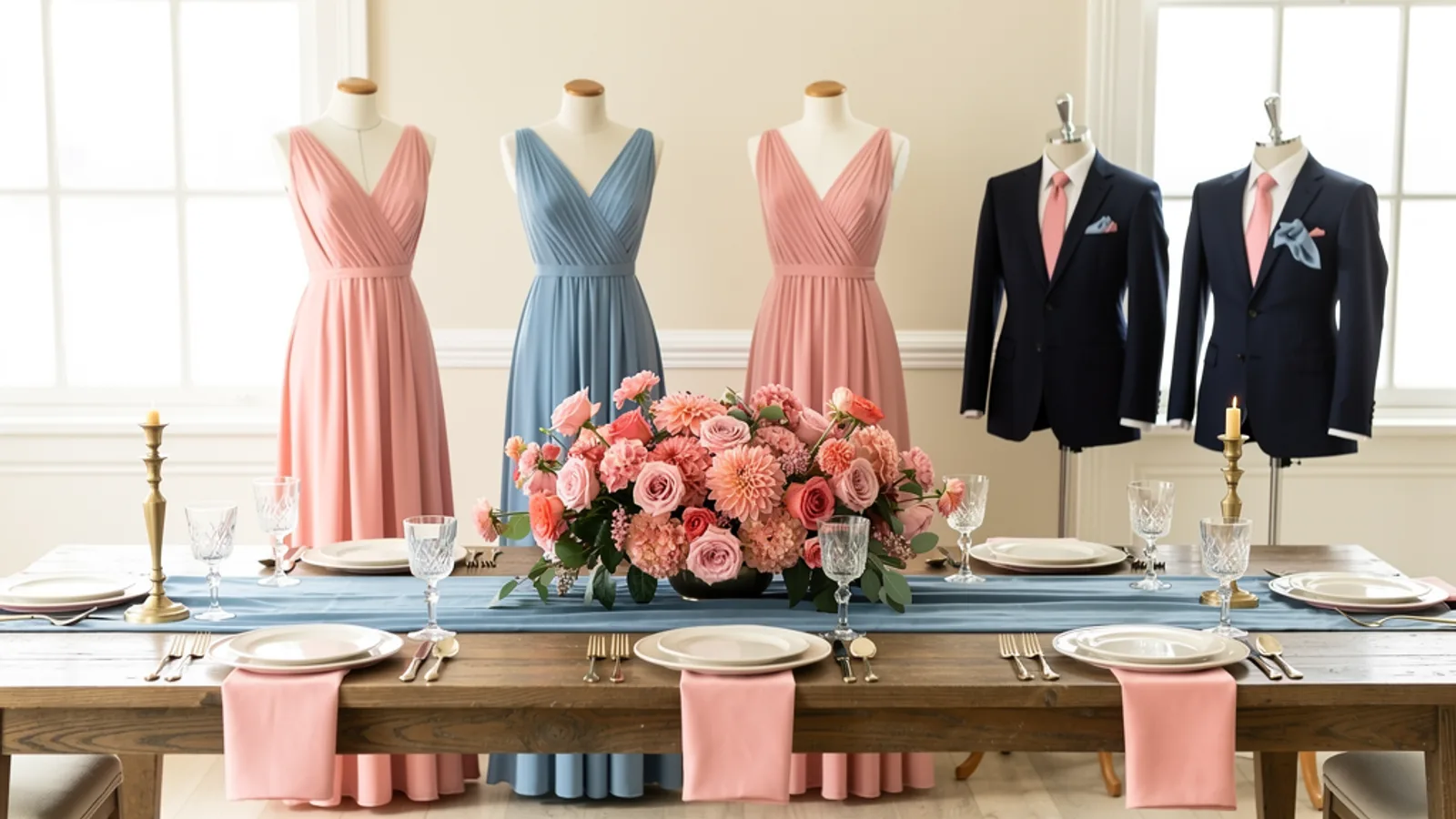Rose Quartz & Serenity wedding color palette shown on bridesmaid dresses, groomsmen suits, florals, and a styled table