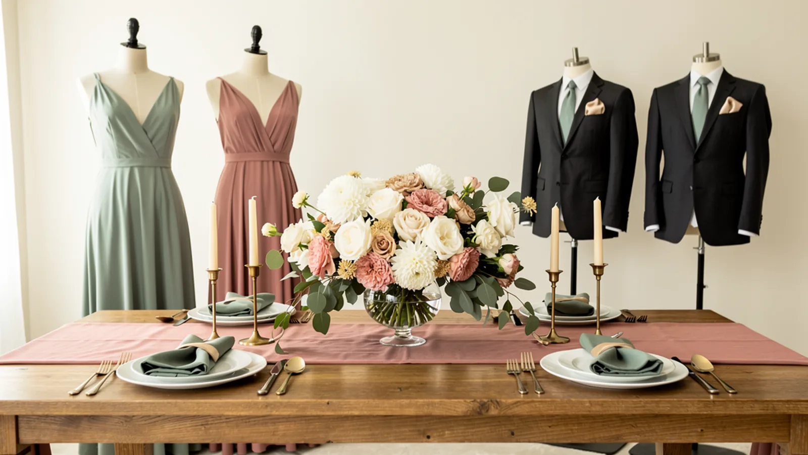 Secret Garden wedding color palette shown on bridesmaid dresses, groomsmen suits, florals, and a styled table