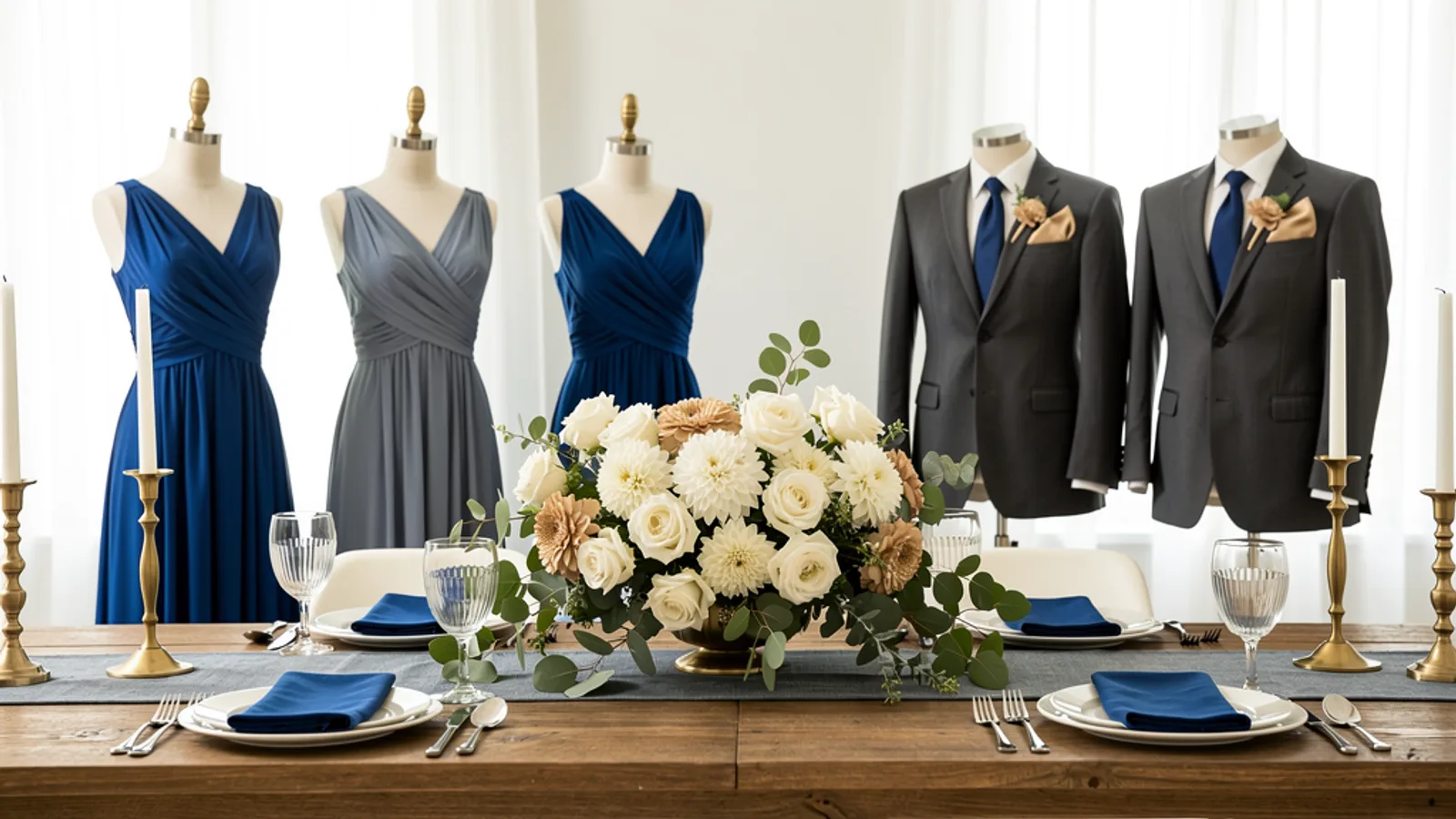 Cobalt & Champagne wedding color palette shown on bridesmaid dresses, groomsmen suits, florals, and a styled table