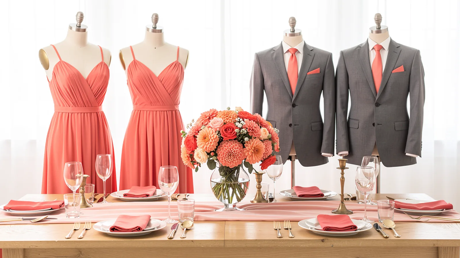 Coral & Blush wedding color palette shown on bridesmaid dresses, groomsmen suits, florals, and a styled table