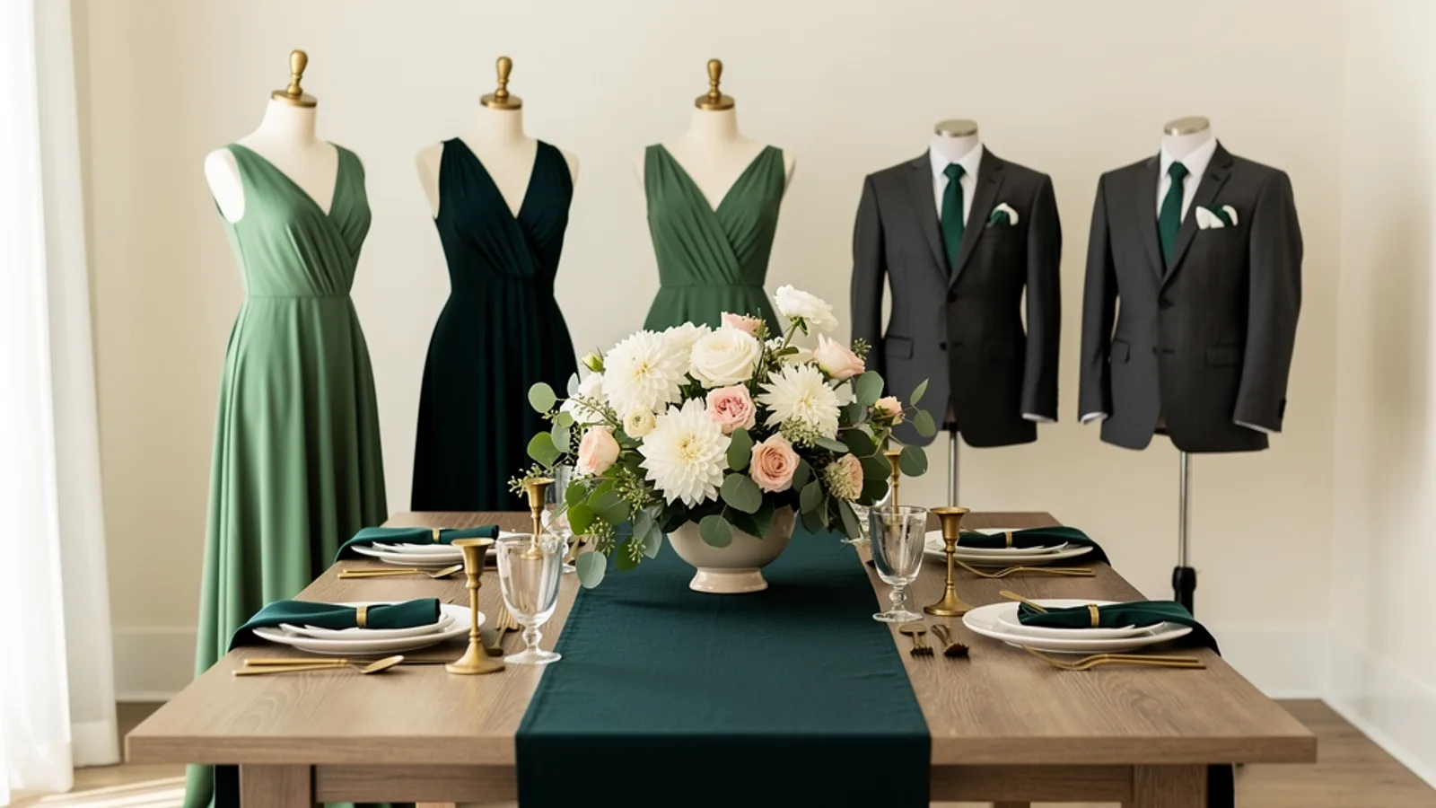 Ivy & Ivory wedding color palette shown on bridesmaid dresses, groomsmen suits, florals, and a styled table