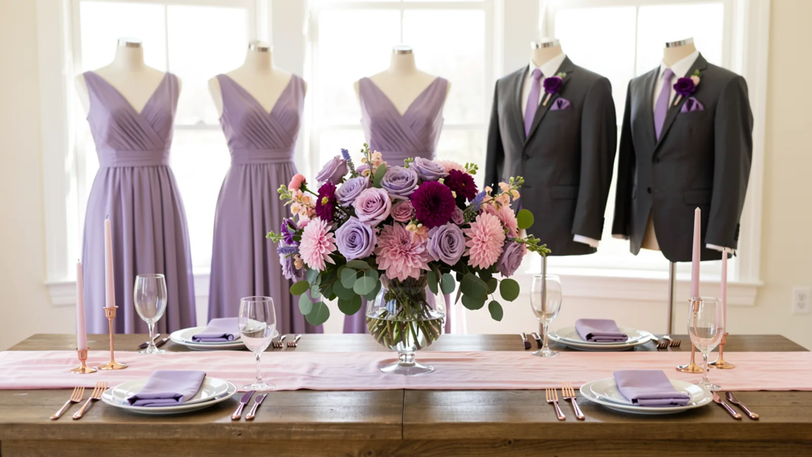 Lavender & Rose Gold wedding color palette shown on bridesmaid dresses, groomsmen suits, florals, and a styled table