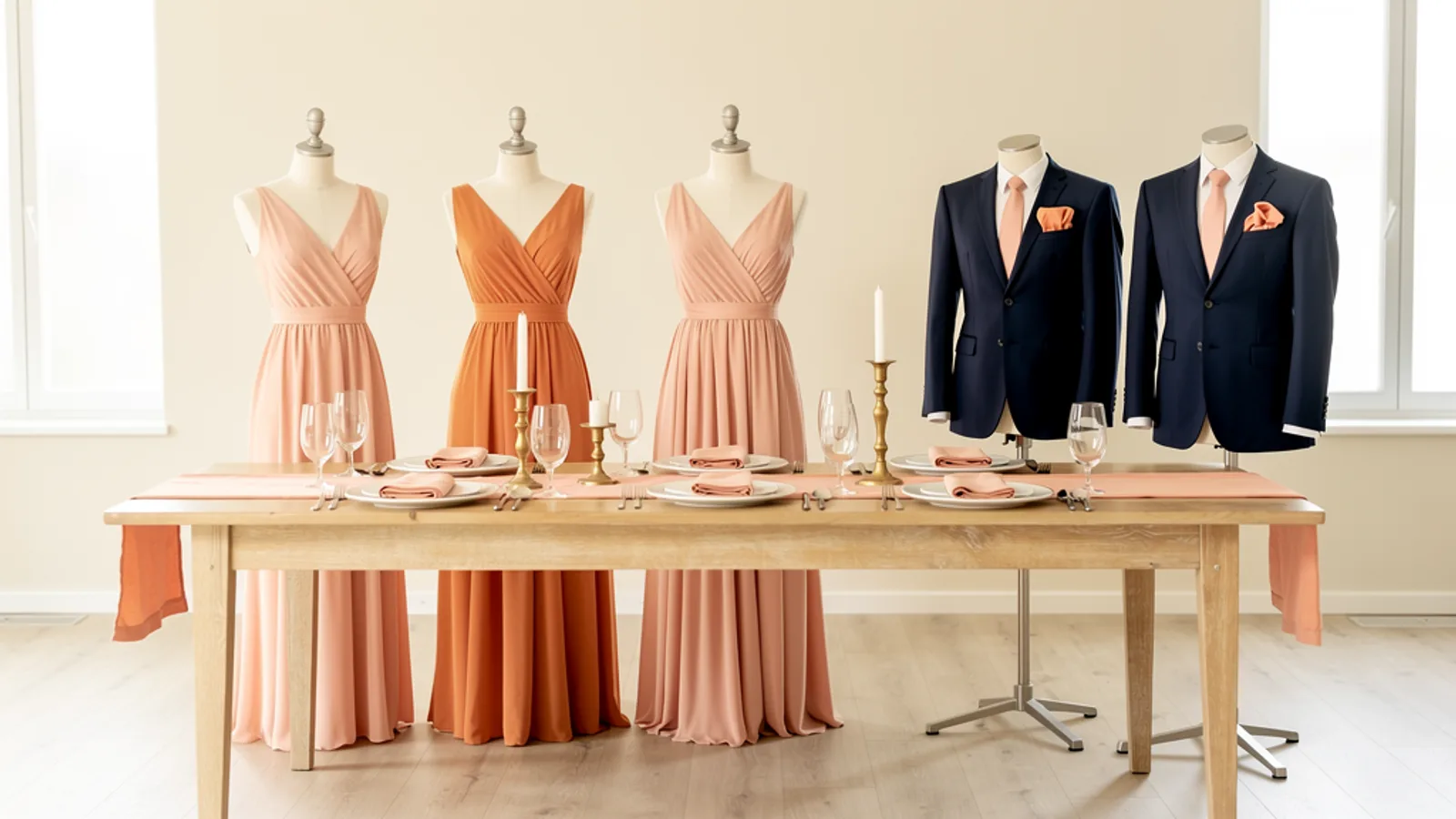 Peach & Cream wedding color palette shown on bridesmaid dresses, groomsmen suits, florals, and a styled table