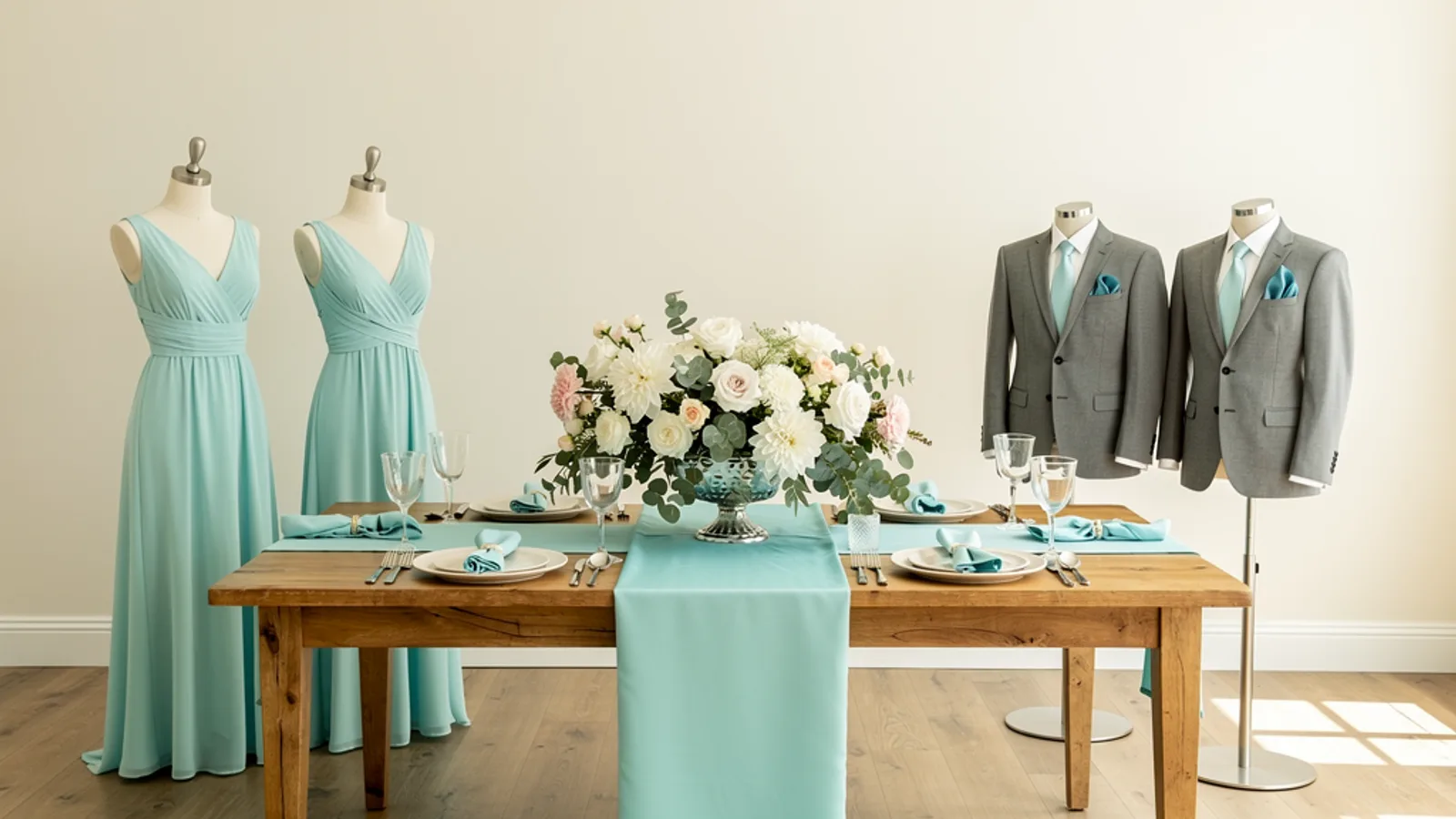 Sea Glass Serenity wedding color palette shown on bridesmaid dresses, groomsmen suits, florals, and a styled table
