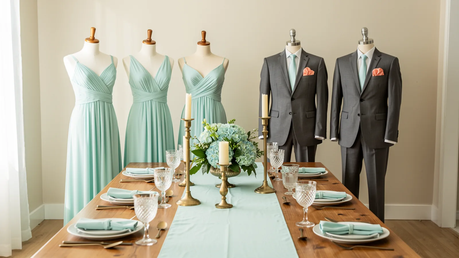 Seafoam & Shell wedding color palette shown on bridesmaid dresses, groomsmen suits, florals, and a styled table