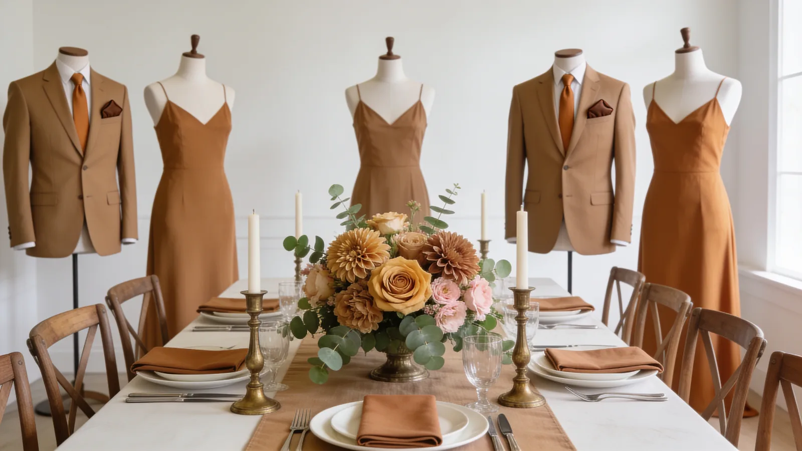 Adobe & Almond wedding color palette shown on bridesmaid dresses, groomsmen suits, florals, and a styled table