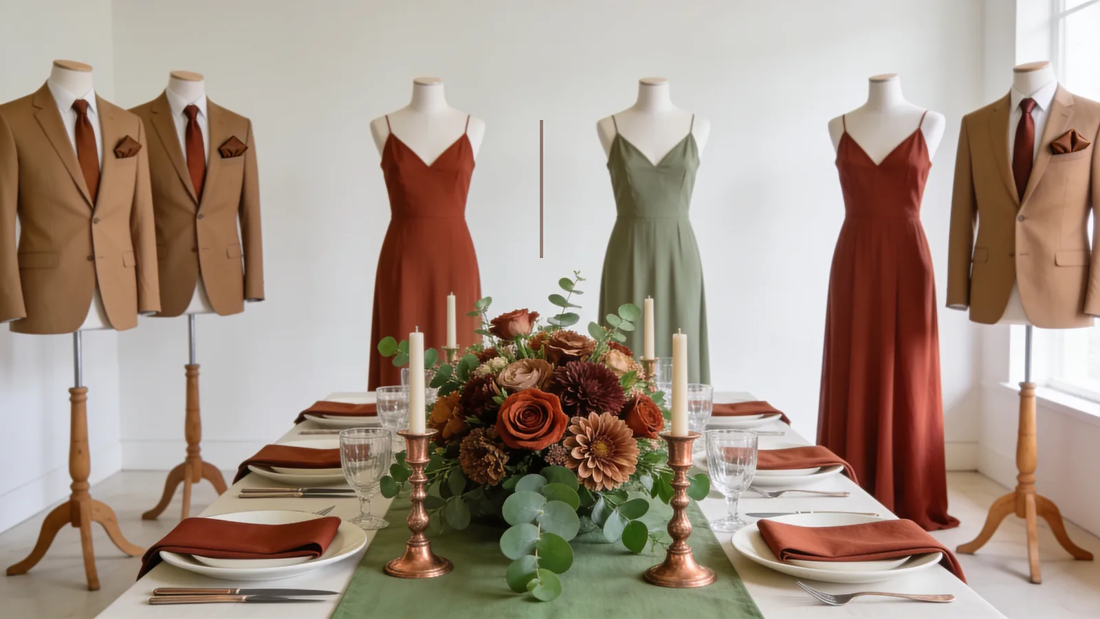 Desert Chic wedding color palette shown on bridesmaid dresses, groomsmen suits, florals, and a styled table