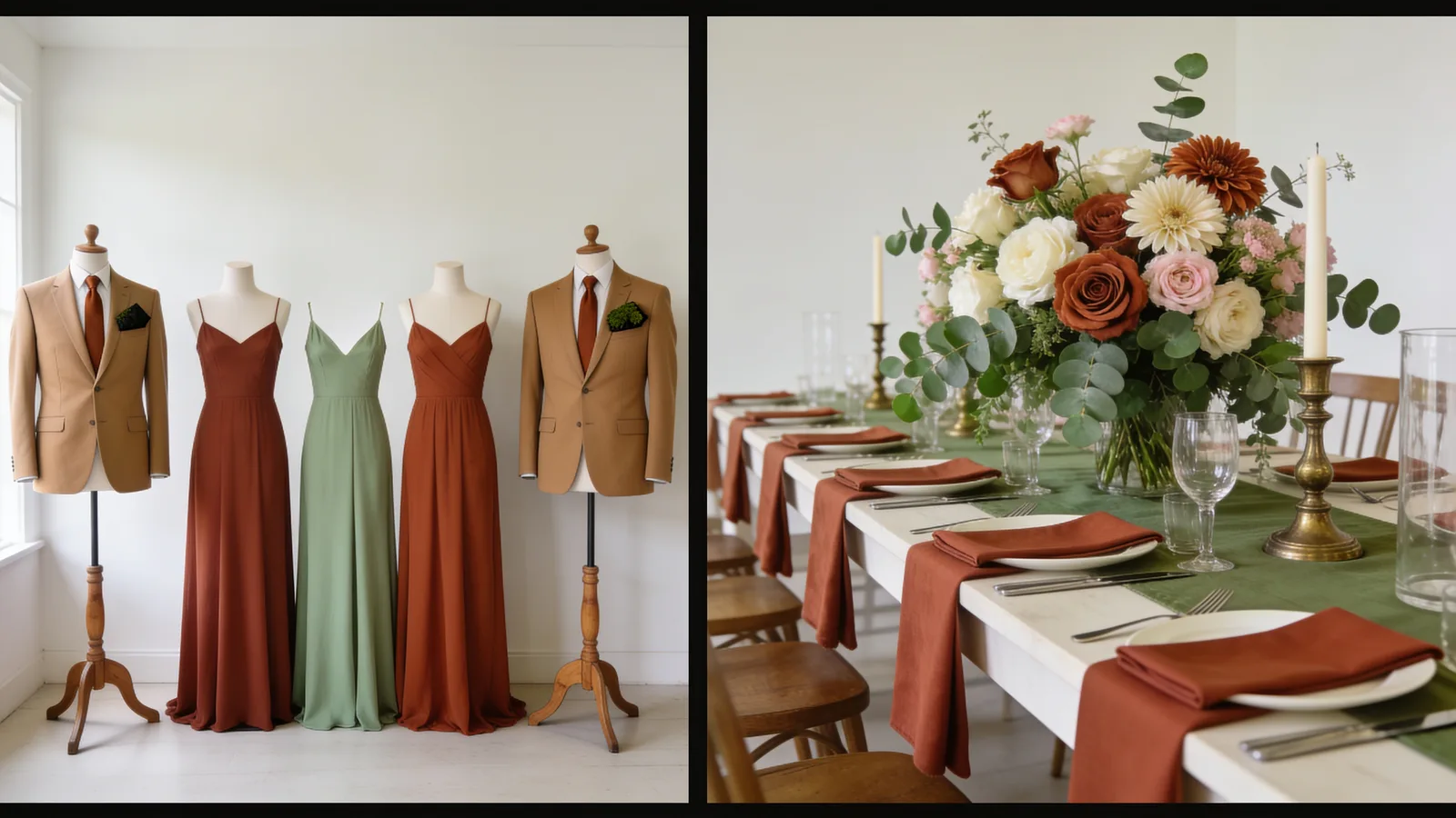 Rust & Olive Grove wedding color palette shown on bridesmaid dresses, groomsmen suits, florals, and a styled table