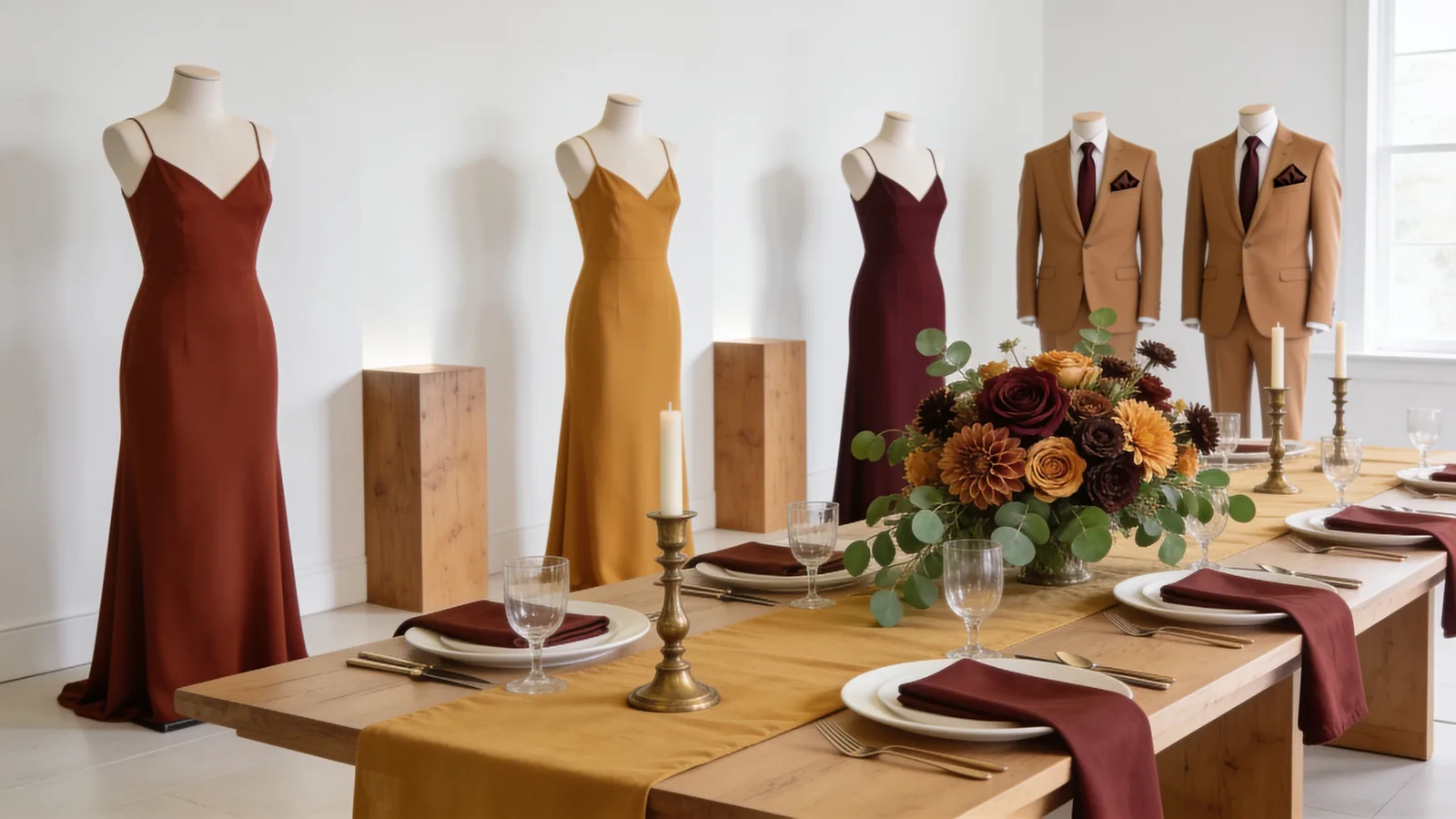 Sienna & Ochre wedding color palette shown on bridesmaid dresses, groomsmen suits, florals, and a styled table