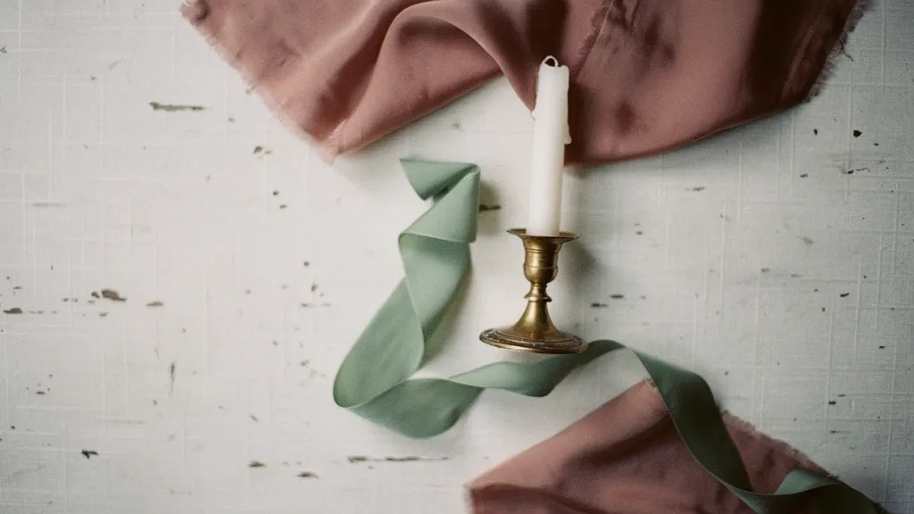 A vintage gold candlestick, sage green velvet ribbon, and dusty rose silk fabric arranged on an antique white wooden background.