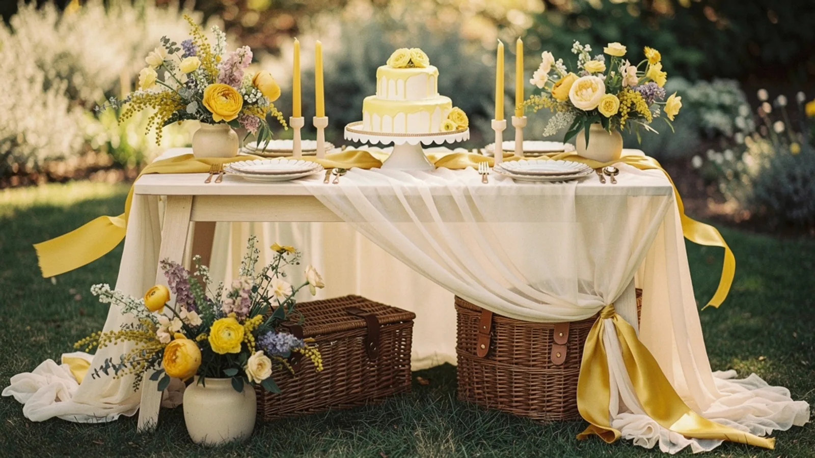 Butter Yellow Regency wedding aesthetic — A gauzy muslin-draped garden picnic table flooded with soft daylight, butter-yellow ribbons fluttering.