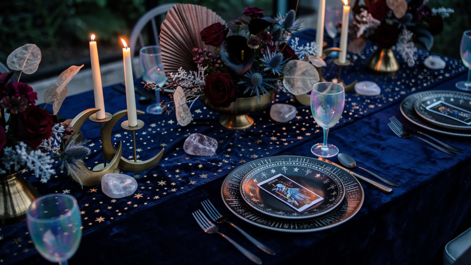 Celestial Whimsigoth wedding aesthetic — A midnight-blue velvet table strewn with opalite stones and brass crescent candle holders under blue-hour twilight, gold stars embroidered on the runner.