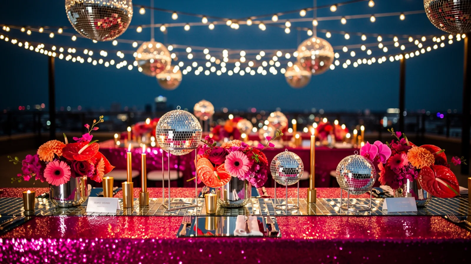 Disco Maximalist Pop wedding aesthetic — A rooftop reception floor under suspended mirror-ball clusters at twilight, sequined linens catching string-light bokeh.
