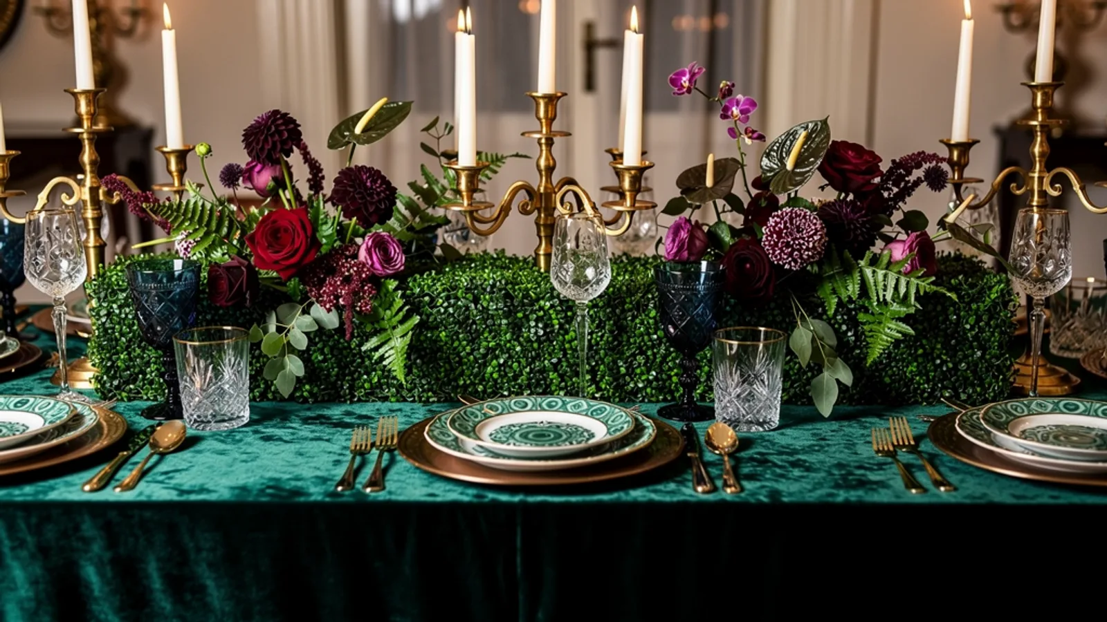 Jewel Emerald Estate wedding aesthetic — A long estate table under emerald velvet, boxwood garland running its length, gold candelabra and gold-rimmed crystal catching candlelight.