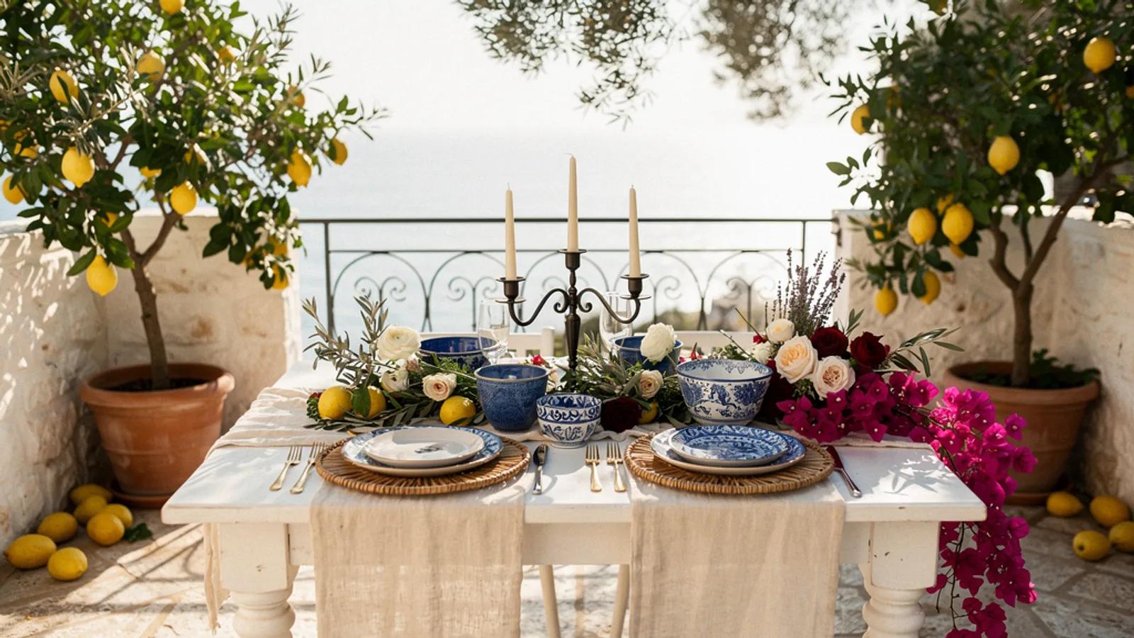 Mediterranean Villa wedding aesthetic — A whitewashed stone terrace edged with potted lemon trees, sea-blue ceramics catching dappled light.
