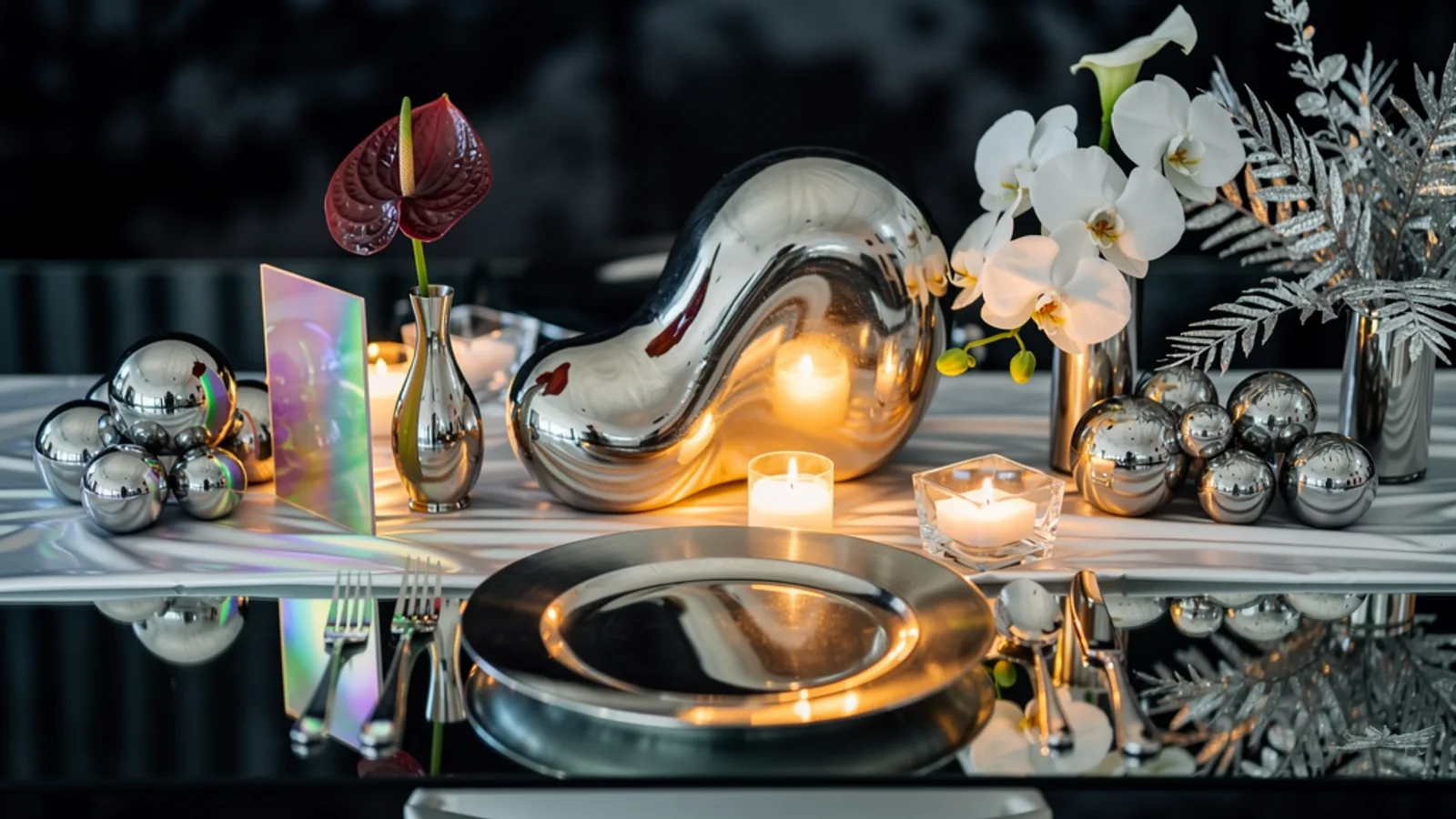 Silver / Futuristic Metallic wedding aesthetic — A liquid-chrome blob sculpture centerpiece on a mirrored tabletop, warped reflections of tungsten light pooling across it.
