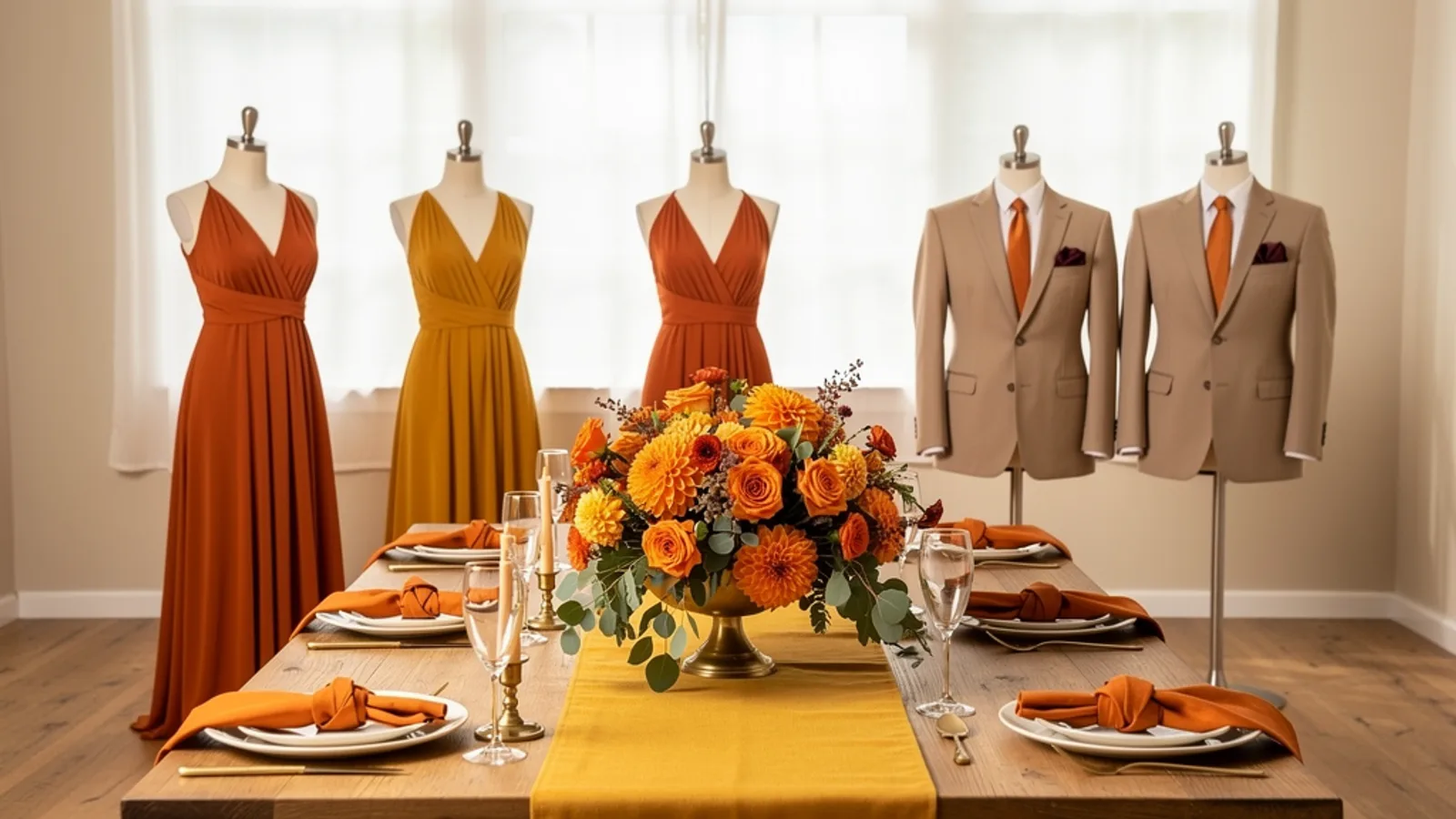 Burnt Orange & Mustard wedding color palette shown on bridesmaid dresses, groomsmen suits, florals, and a styled table
