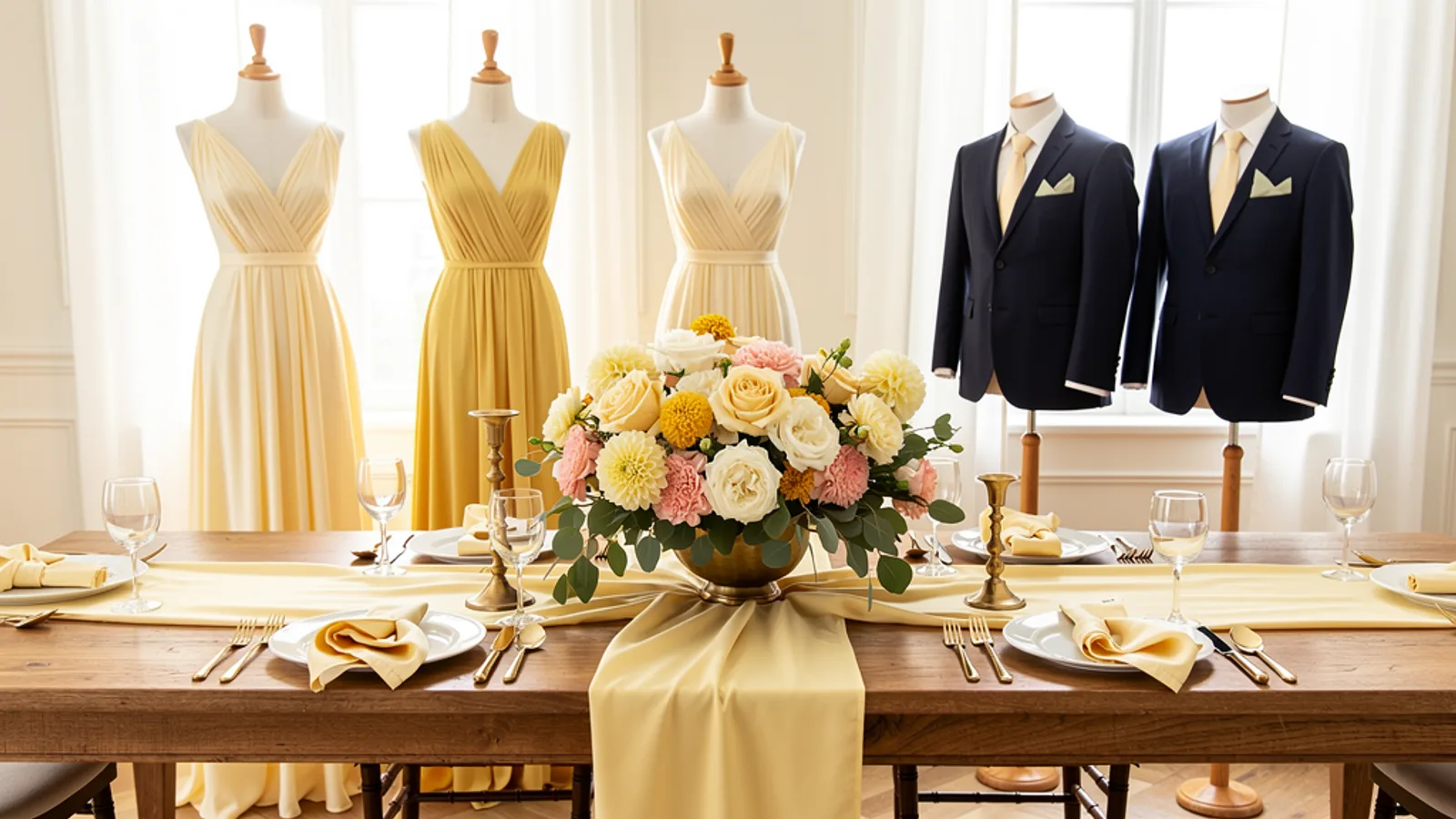 Buttercream wedding color palette shown on bridesmaid dresses, groomsmen suits, florals, and a styled table